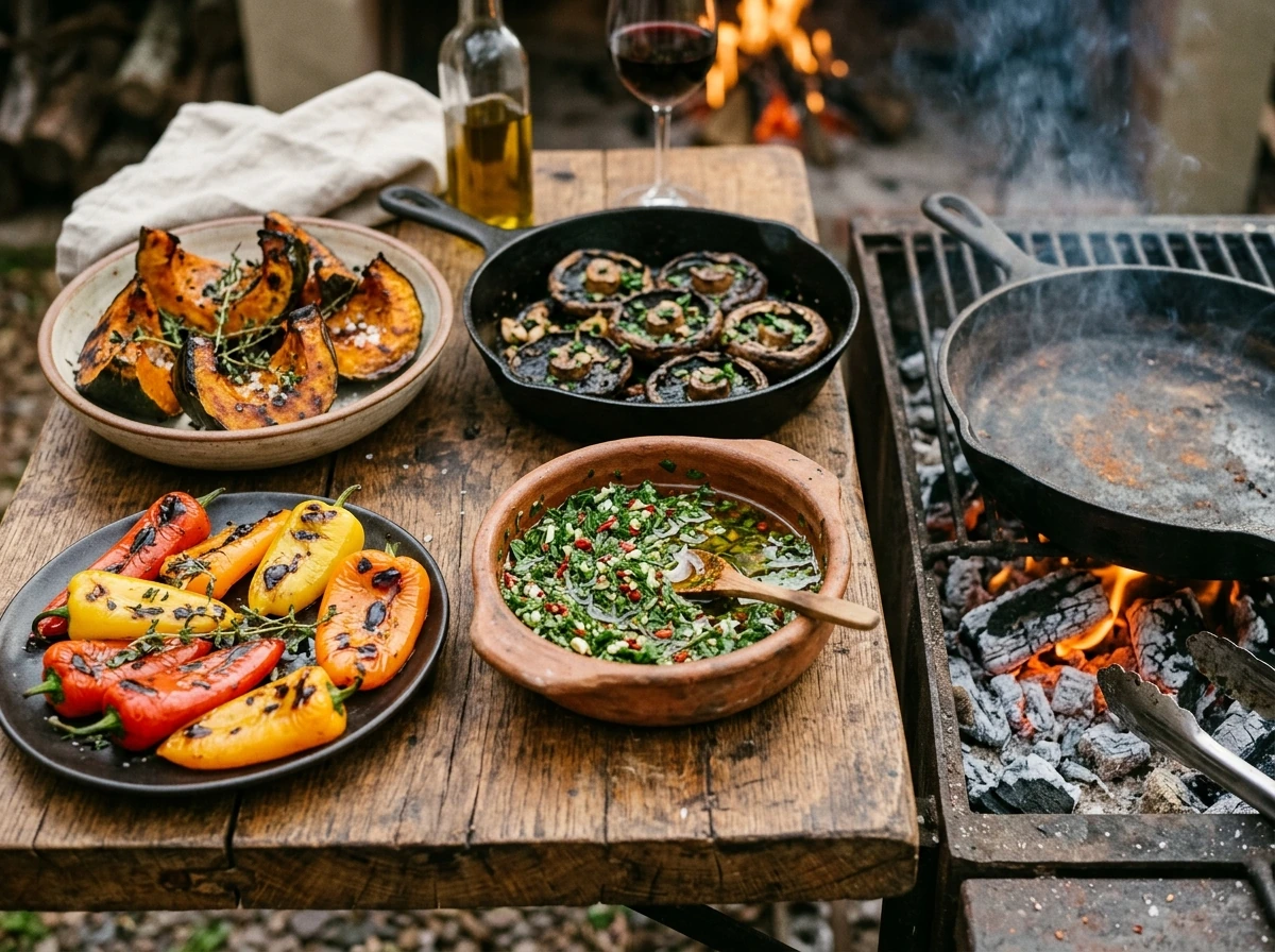 Acompanhamentos e legumes preparados junto ao fogo