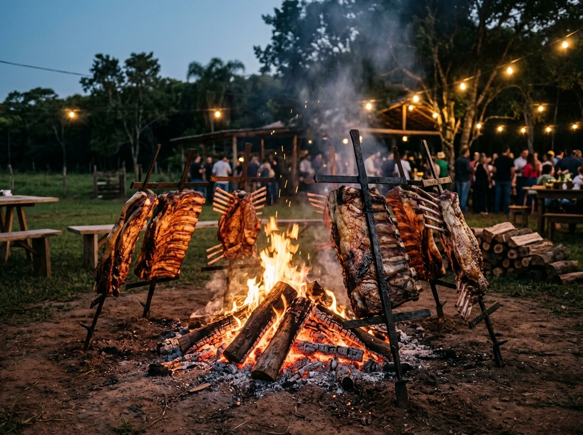 Costela no fogo de chão durante um evento